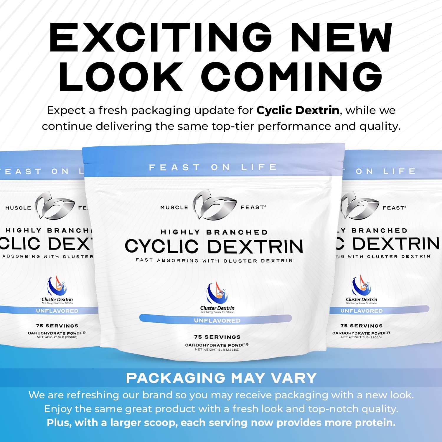 Muscle Feast HBCD tub label showing clean, GMO-free carbohydrate option.