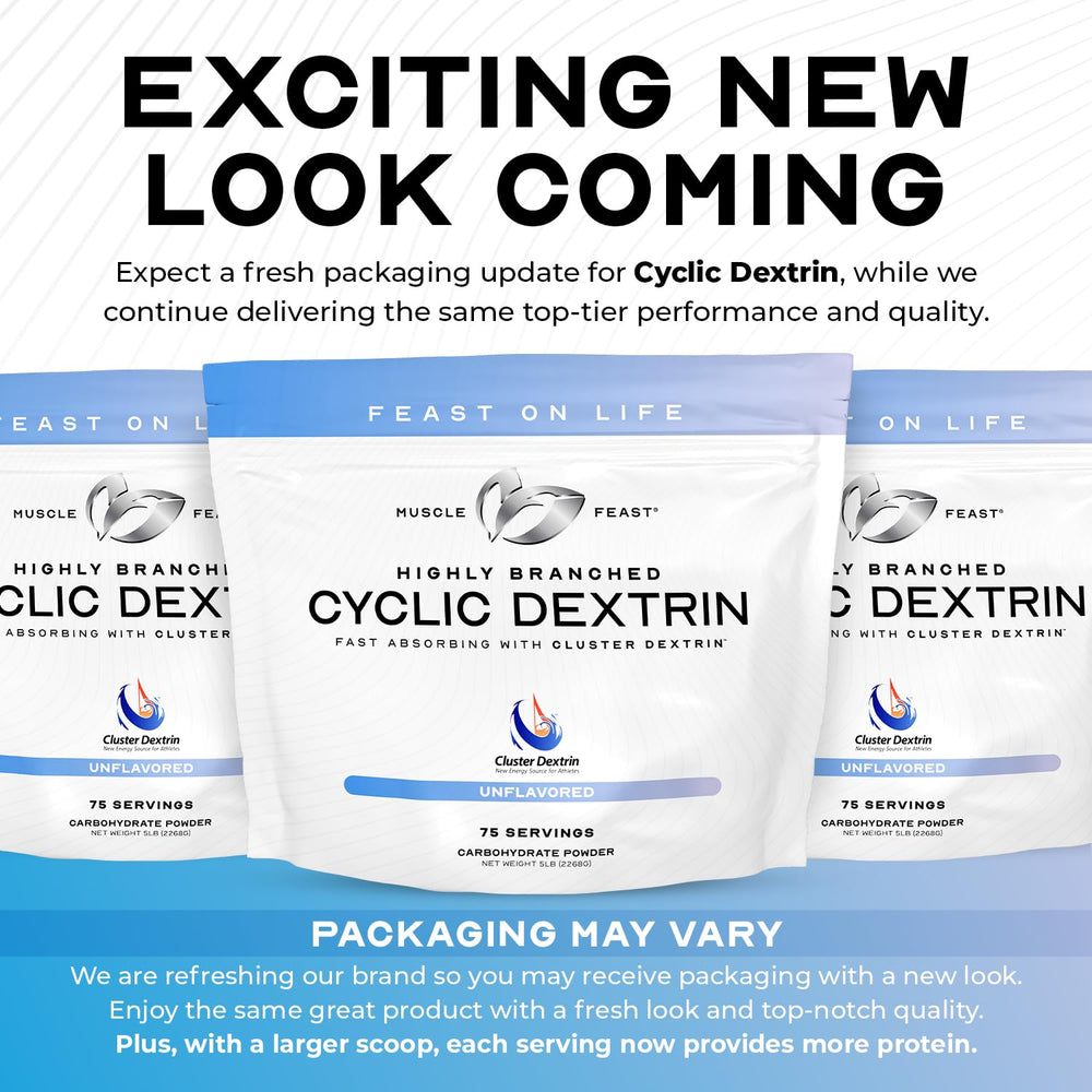 Muscle Feast HBCD tub label showing clean, GMO-free carbohydrate option.