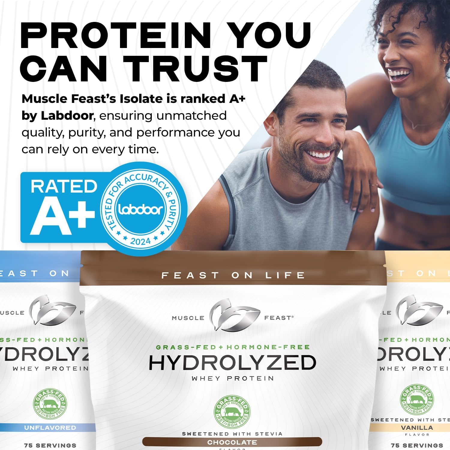 Muscle Feast hydrolyzed whey bottle back view showing vanilla shakes ready to blend.