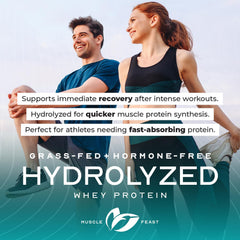 Updated label design on Muscle Feast hydrolyzed whey packaging.