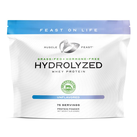 Muscle Feast hydrolyzed whey protein bottle showing fast-absorption protein for workouts