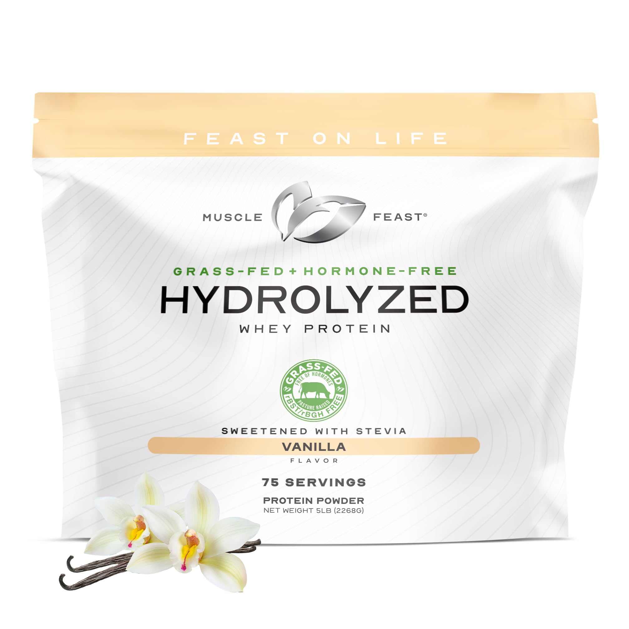 Muscle Feast hydrolyzed whey protein powder vanilla 5lb container for smooth post-workout shakes.