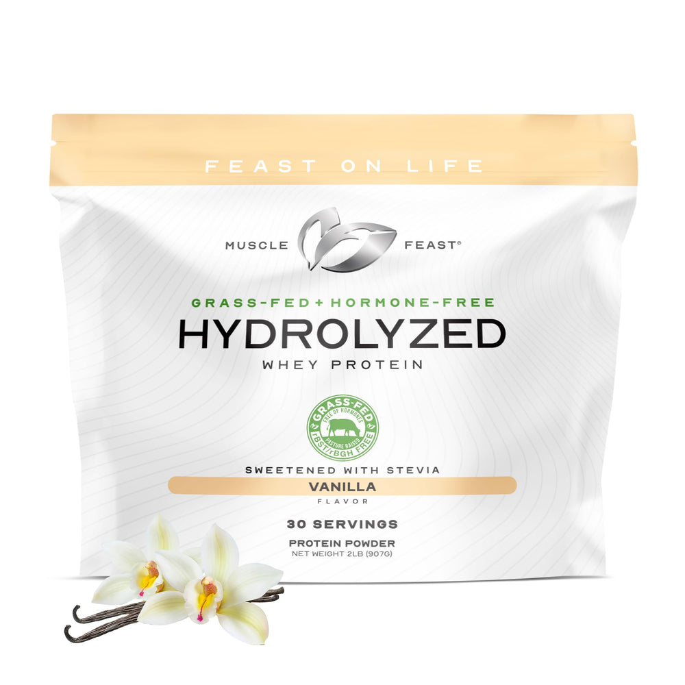 Muscle Feast hydrolyzed whey vanilla powder shown for post-workout protein