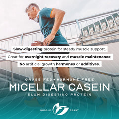 Muscle Feast vanilla casein ingredients icon emphasizes gluten-free, grass-fed origin