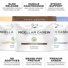 Muscle Feast vanilla casein pour into glass highlighting slow-release protein