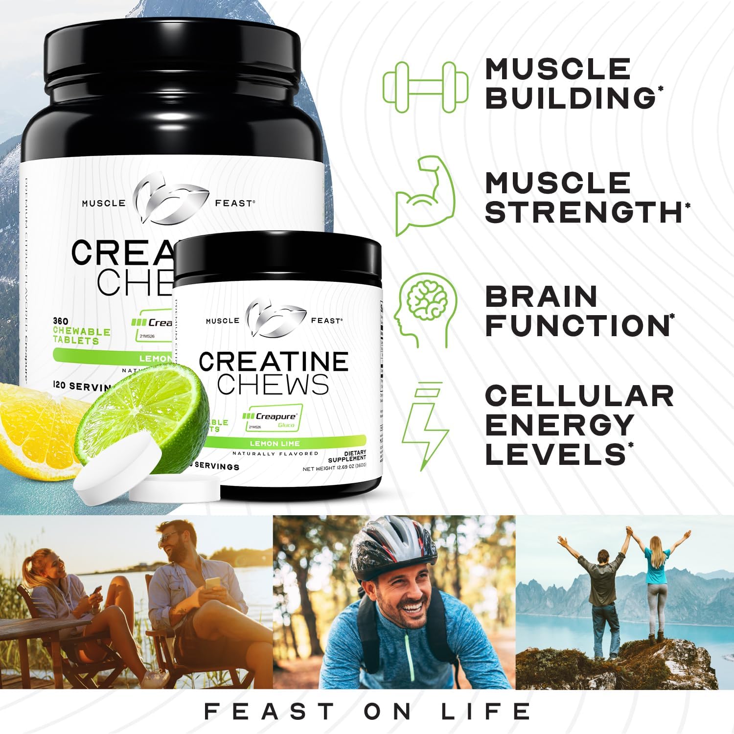 Muscle Feast vegan creatine tablets closeup highlighting smooth texture ideal for quick dosing.