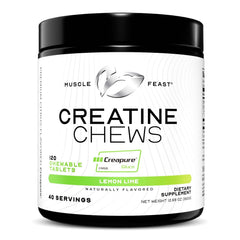Muscle Feast vegan creatine tablets front view showing the chewable format for workout support.