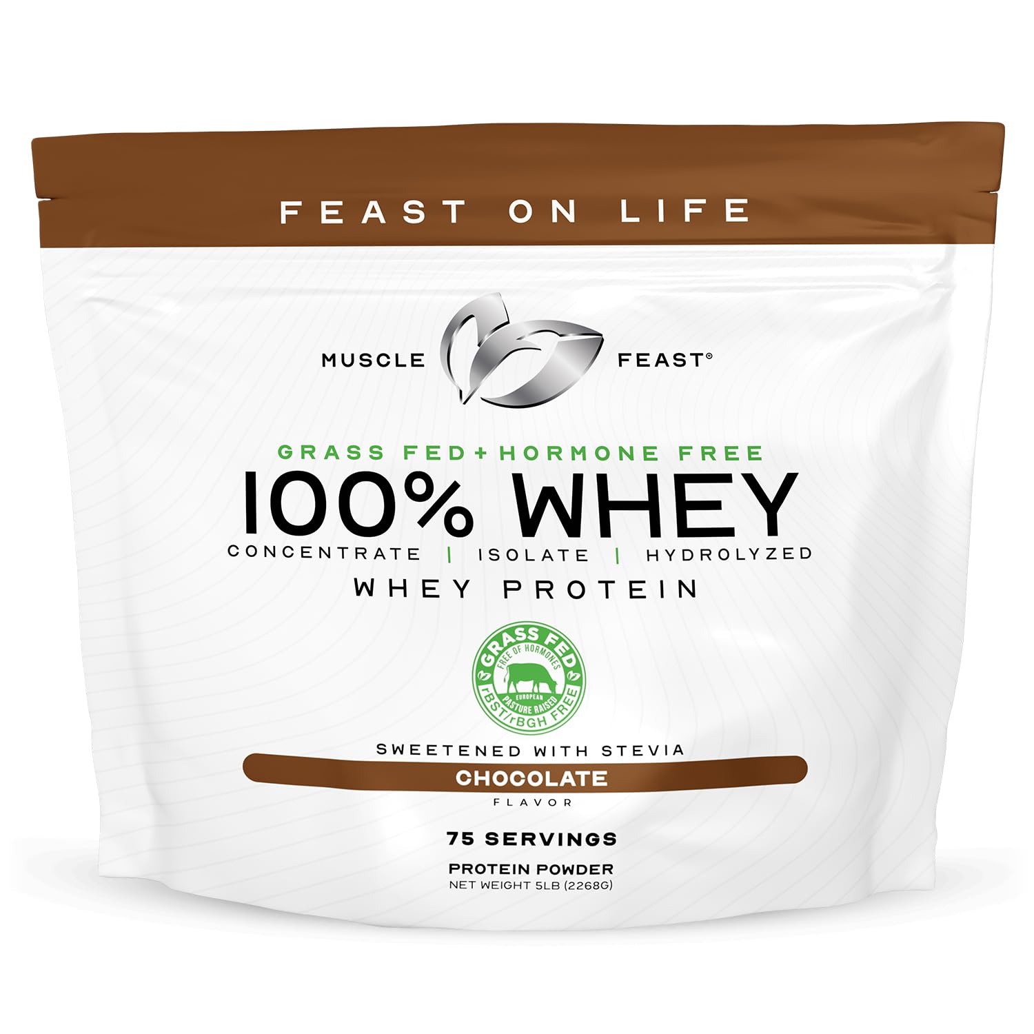 Muscle Feast grass-fed whey protein tub highlighting pasture-raised source and quality.