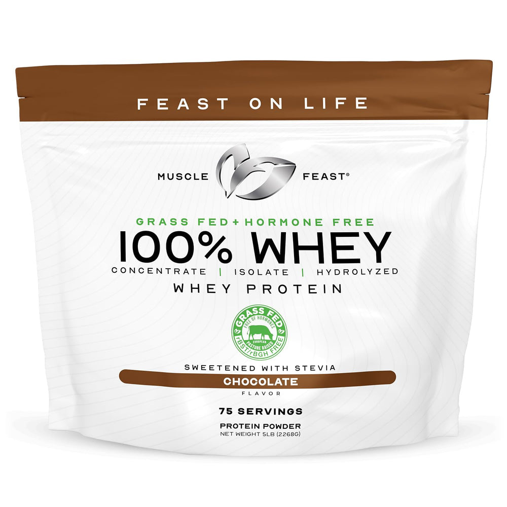 Muscle Feast grass-fed whey protein tub highlighting pasture-raised source and quality.