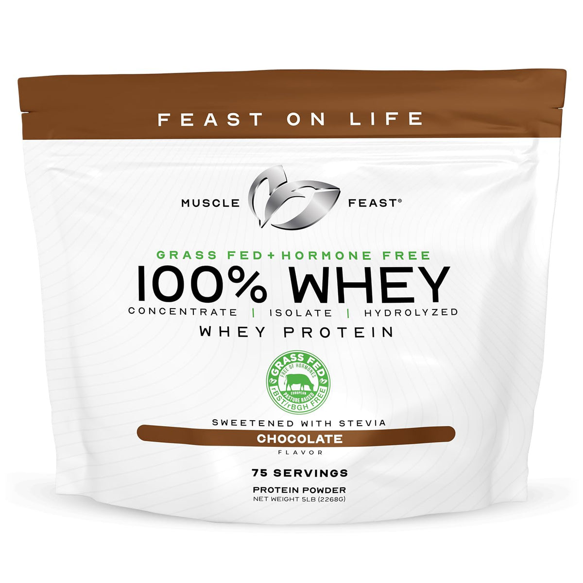 Muscle Feast grass-fed whey protein tub highlighting pasture-raised source and quality.