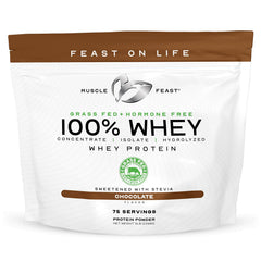 Muscle Feast grass-fed whey protein tub highlighting pasture-raised source and quality.