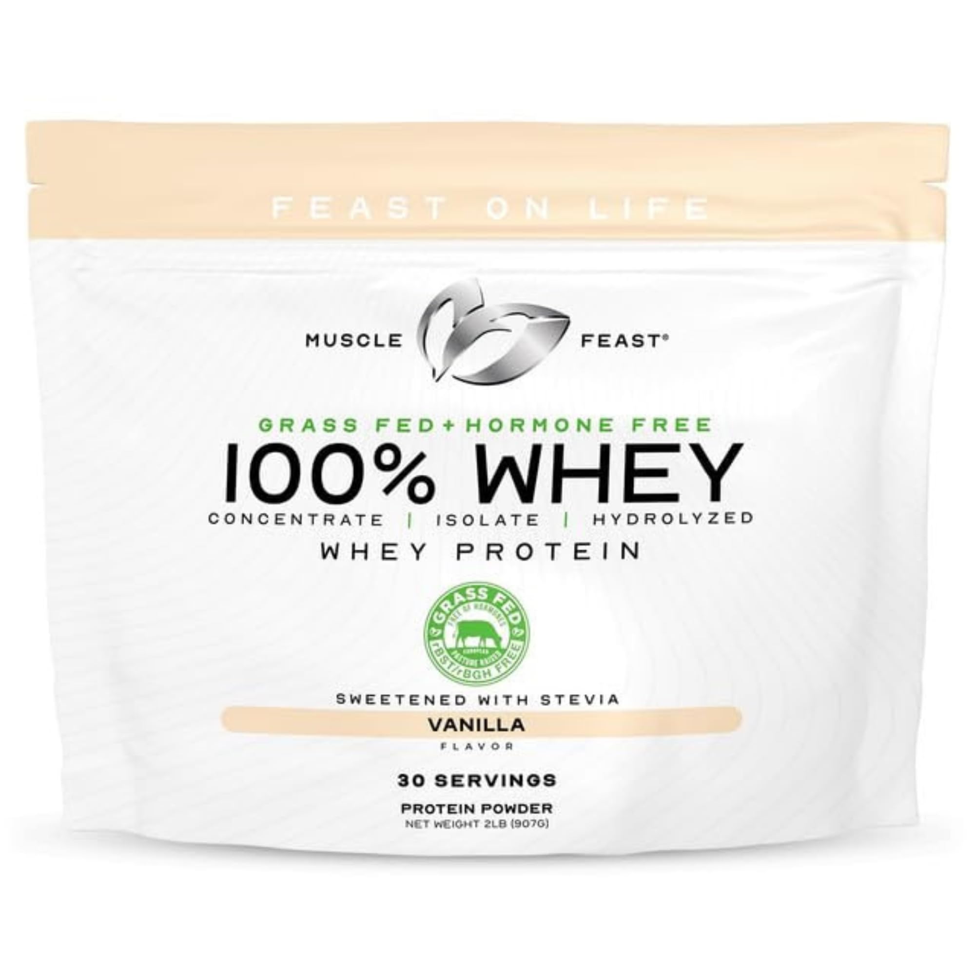 Muscle Feast grass-fed whey tub Vanilla — high-quality protein for daily recovery.
