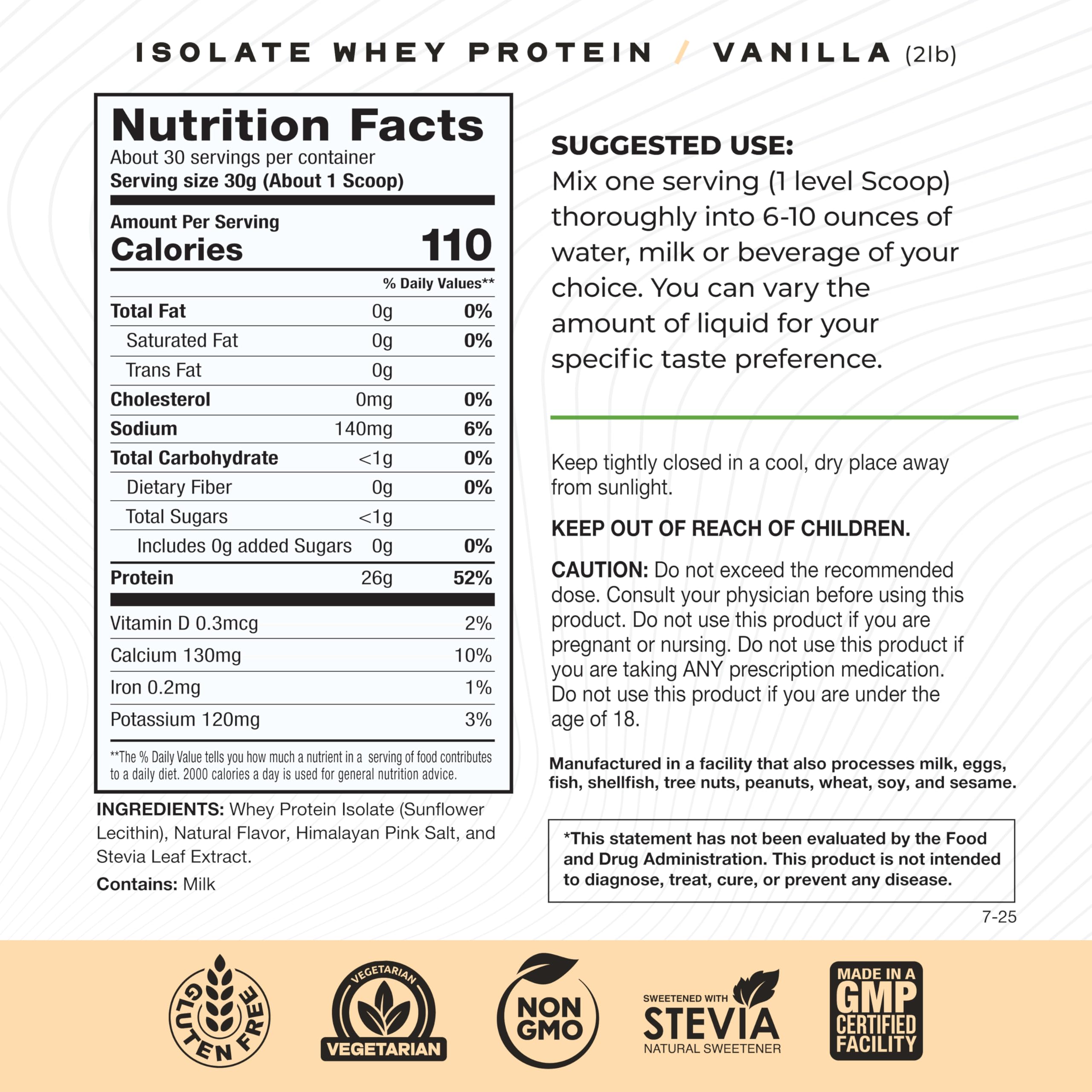 Muscle Feast whey isolate vanilla powder measure highlights clean ingredients and accurate servings