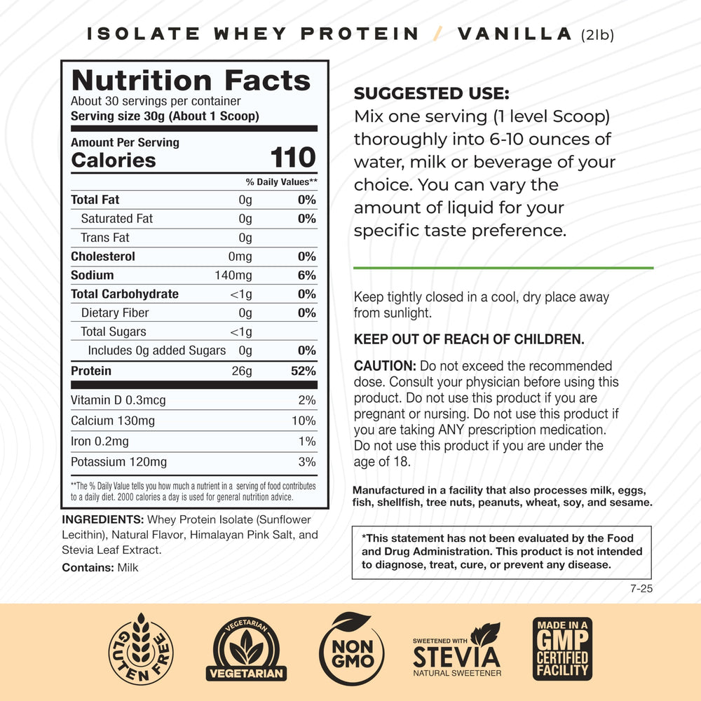 Muscle Feast whey isolate vanilla powder measure highlights clean ingredients and accurate servings