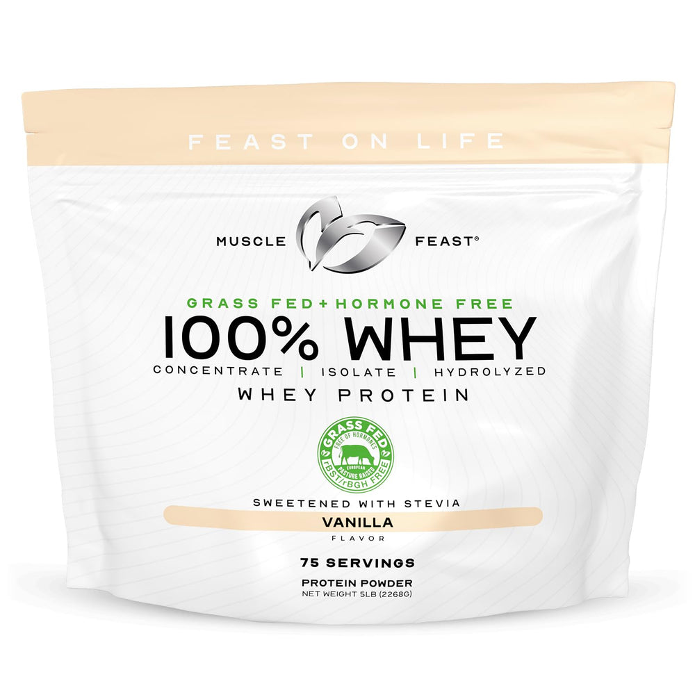 Muscle Feast whey protein bottle pour demonstrates smooth texture for post-workout shakes.
