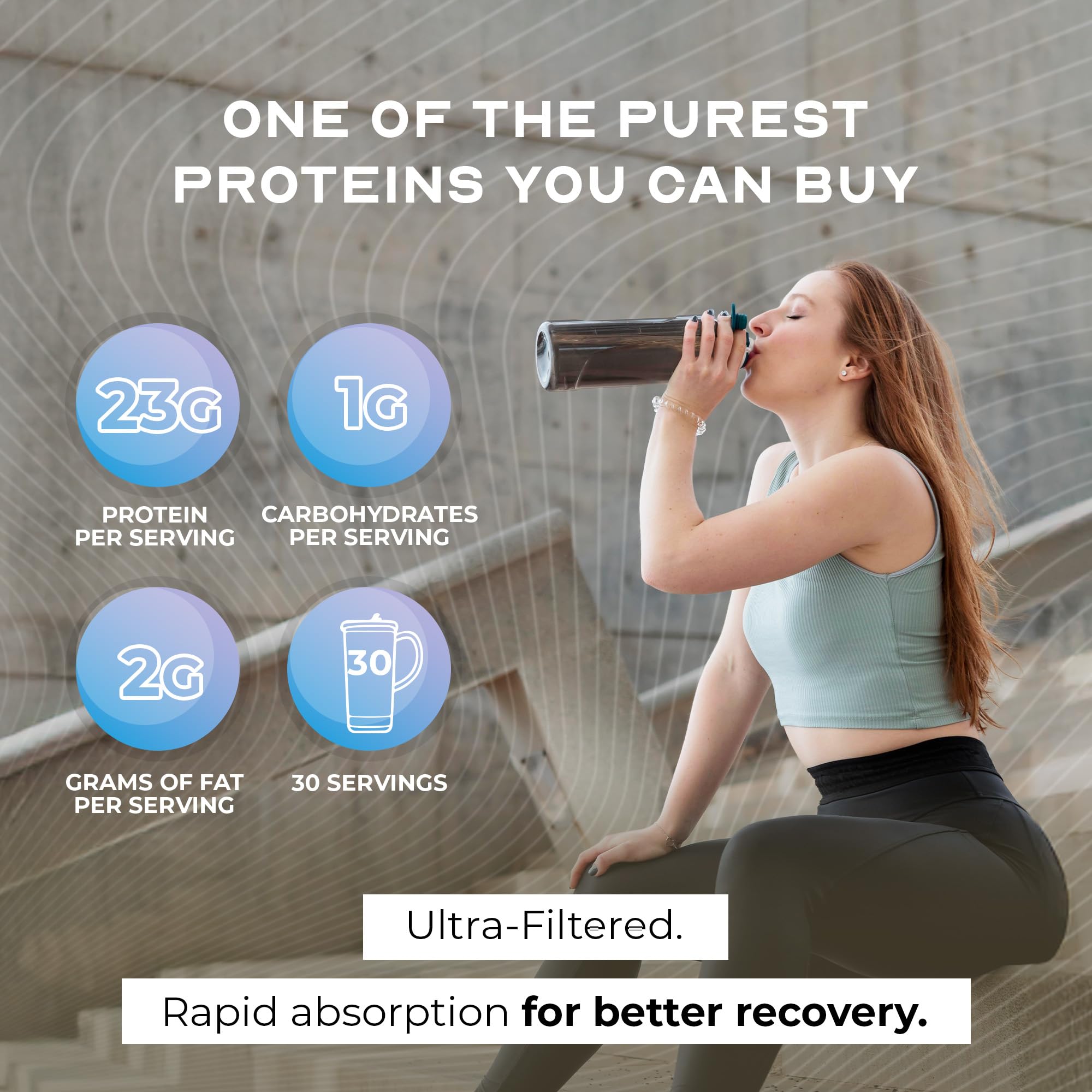 Muscle Feast unflavored whey protein in a scoop emphasizing versatile, sugar-free mixing.
