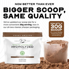 Muscle Feast whey protein powder scoop in-hand with vanilla flavor for quick, creamy shakes.