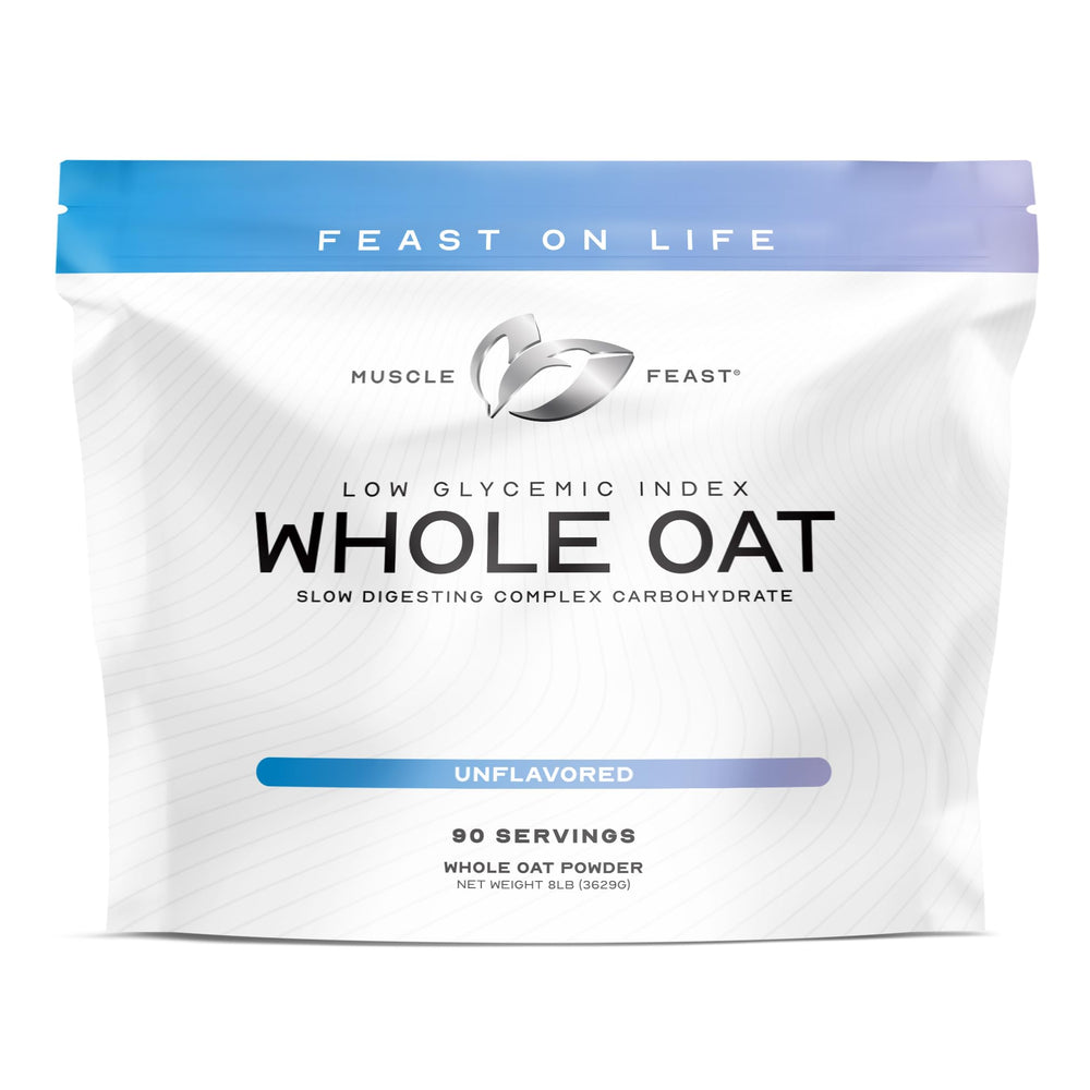 Muscle Feast Whole Oat Powder unflavored in 8 lb tub, versatile for meals.