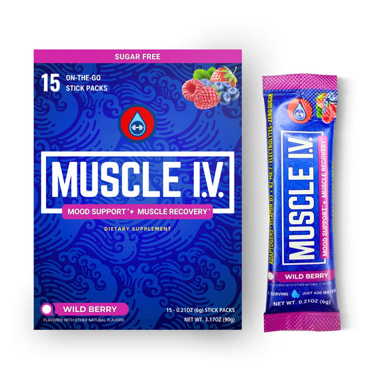 Muscle I.V. Mood Support bottle front conveying calm, balanced hydration