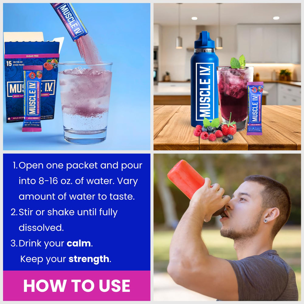 Wild berry Mood Support dissolving into a vibrant beverage