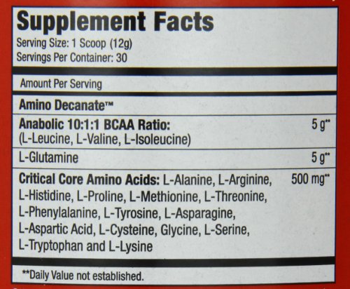 Tub of MuscleMeds Amino Decanate Watermelon on gym bench.