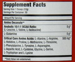 Tub of MuscleMeds Amino Decanate Watermelon on gym bench.