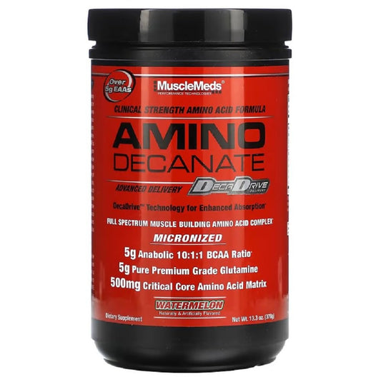 Close-up of MuscleMeds label showing glutamine and BCAA matrix.