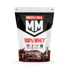 Muscle Milk 100% Whey Protein Powder in chocolate flavor, ideal for post-workout recovery.