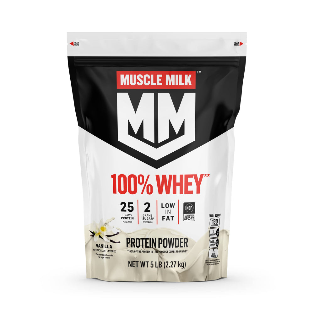Muscle Milk 100% Whey Vanilla powder bag shown for post-workout fueling and protein support