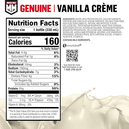 Nutrition panel showing 25g protein and zero sugar per shake.