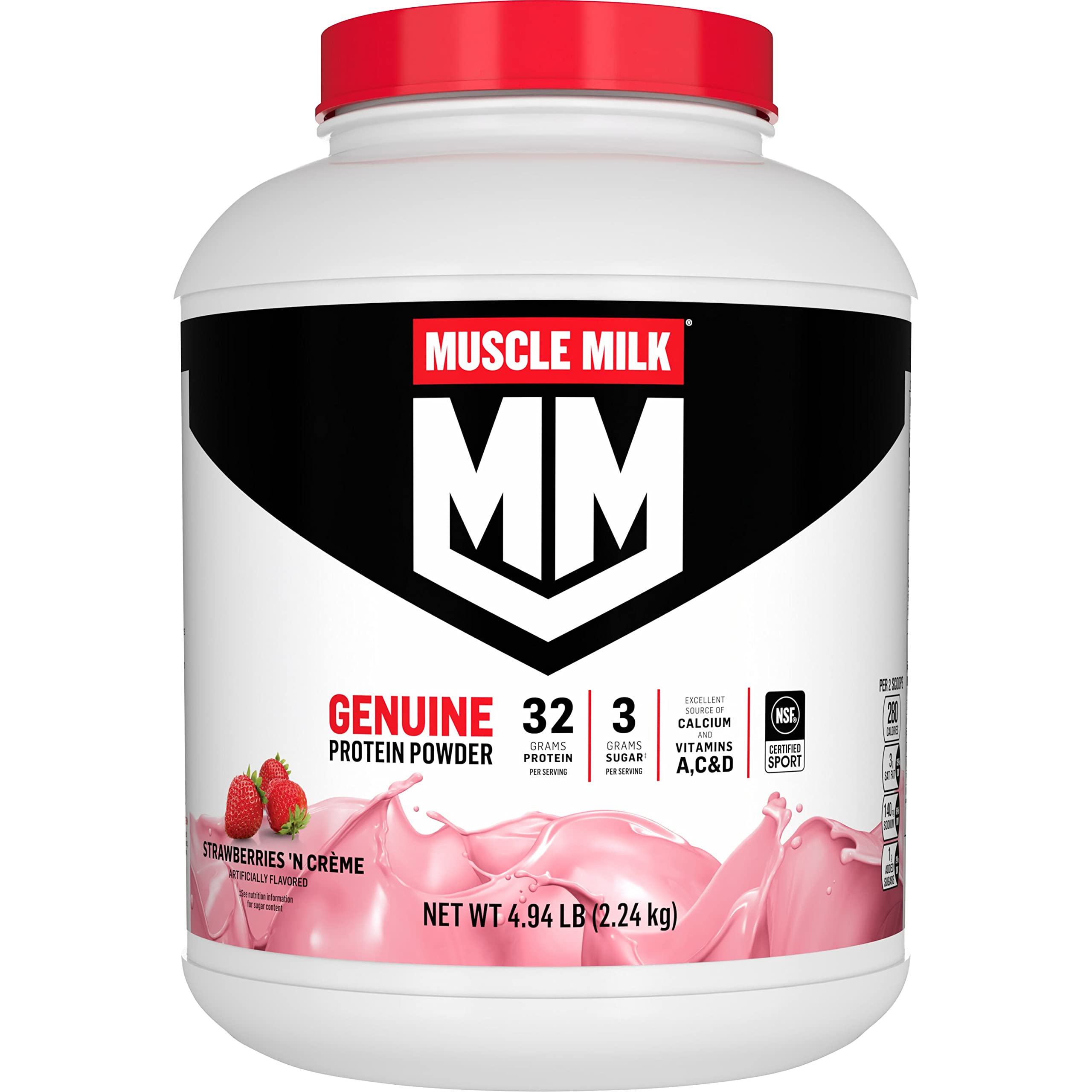 Muscle Milk Genuine Protein Powder canister front view, a high-protein post-workout option.