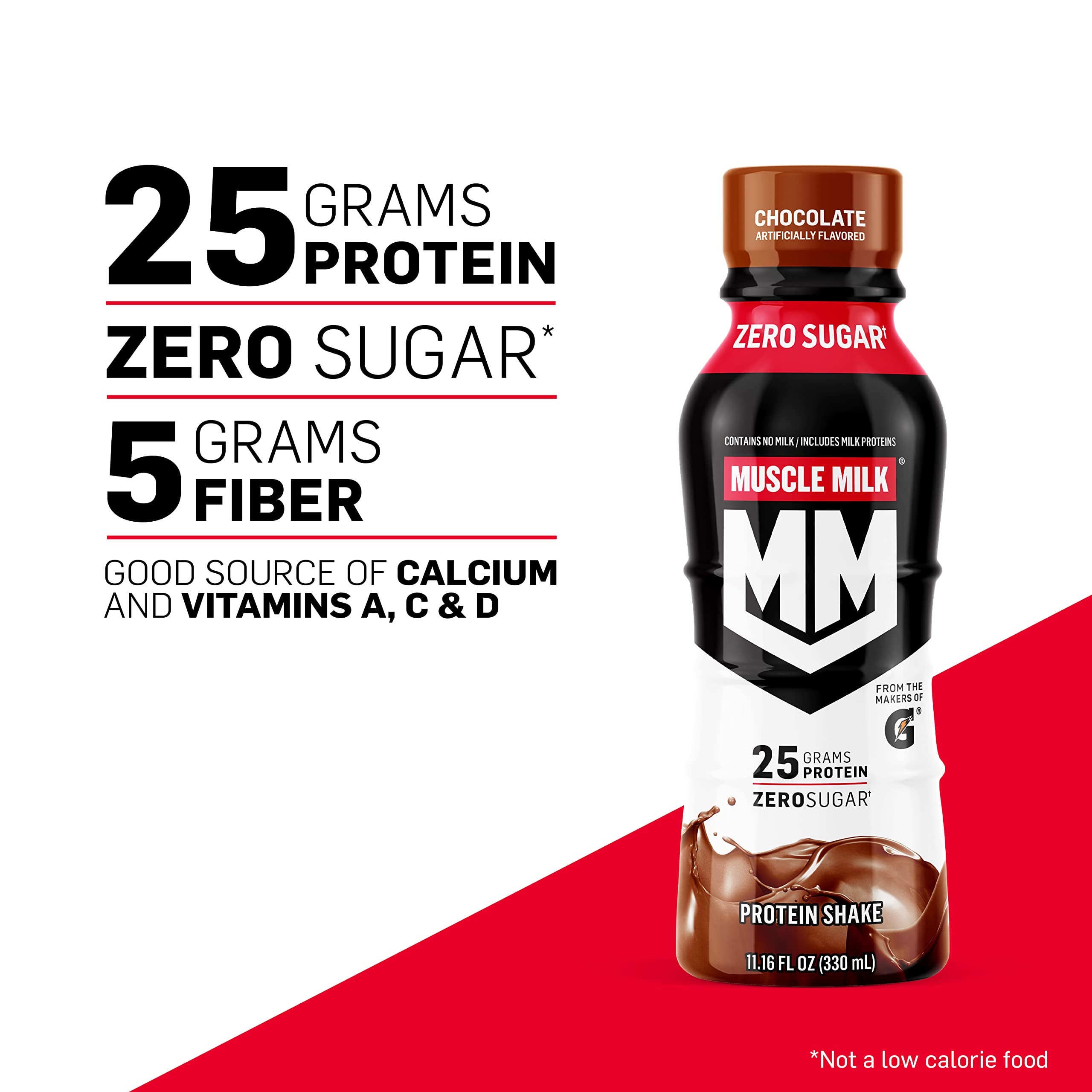 Muscle Milk Genuine label closeup highlights 25g protein per serving and calcium.