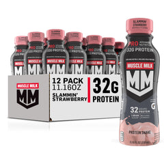 Muscle Milk Pro Slammin' Strawberry bottle for post-workout recovery and satiety.