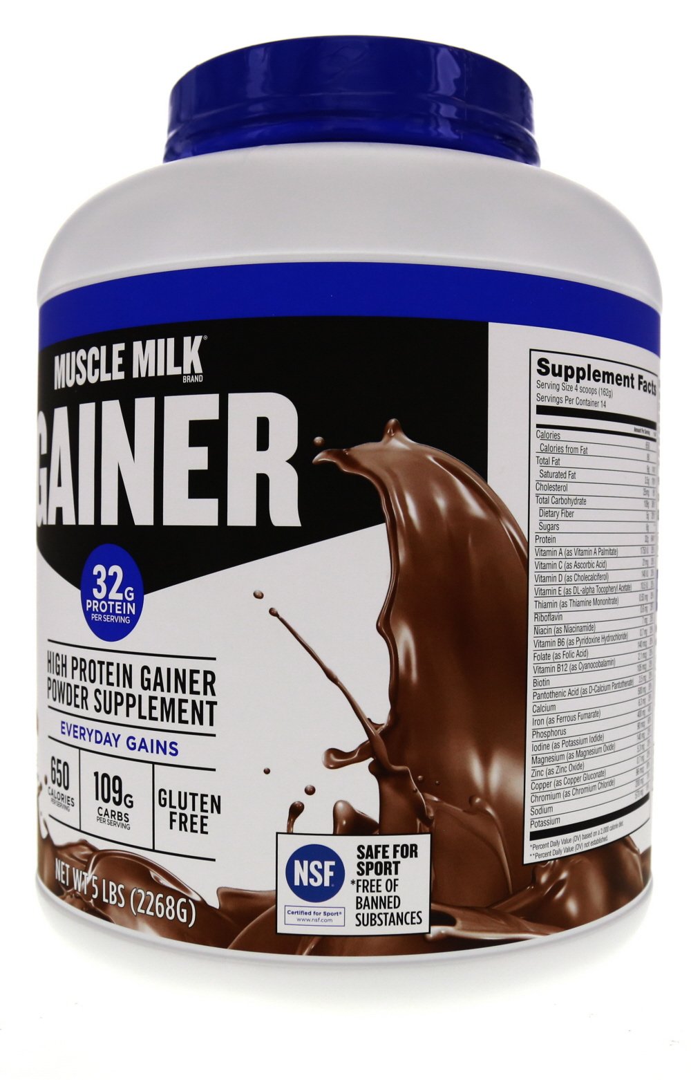 Muscle Milk Pro Series Gainer canister back showing NSF Certified for Sport details