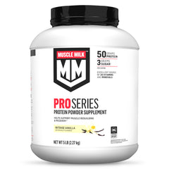 Muscle Milk Pro Series Intense Vanilla canister front shows premium protein packaging