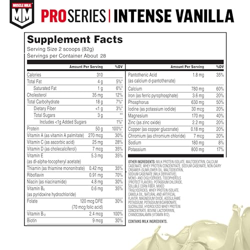 Muscle Milk Pro Series Intense Vanilla nutrition label highlights 50g protein per serving