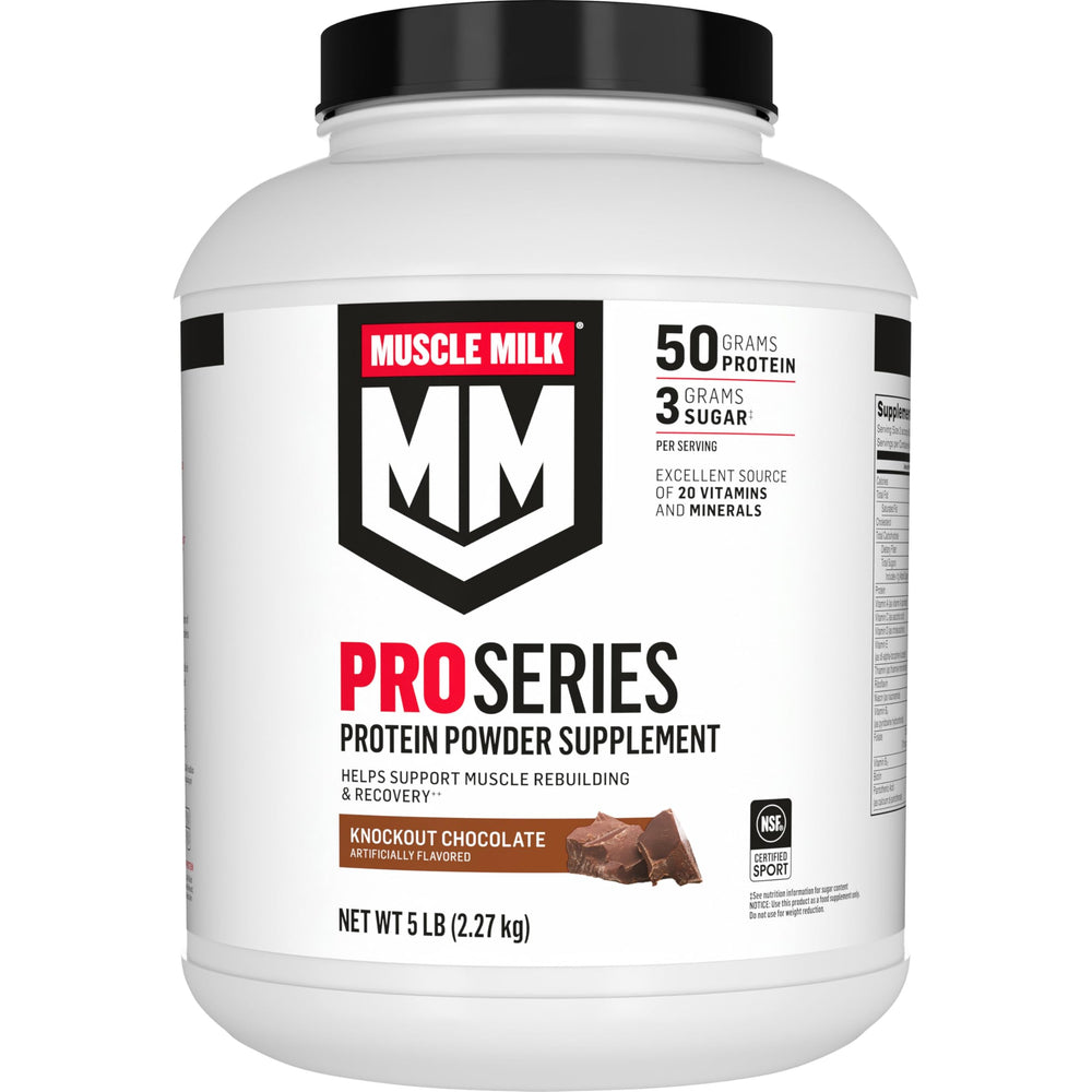 Muscle Milk Pro Series Knockout Chocolate canister for post-workout recovery and sustained energy