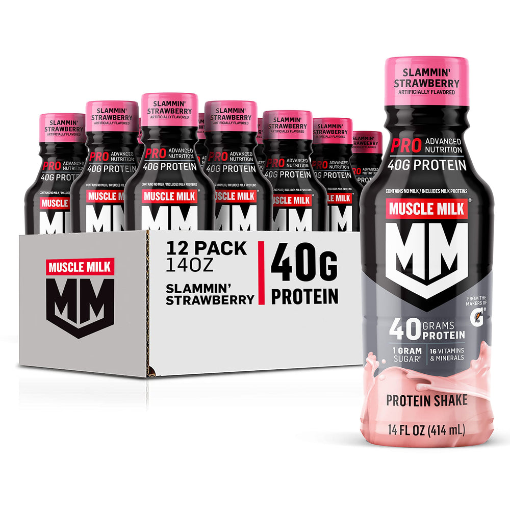 Muscle Milk Pro Series Slammin' Strawberry twelve-pack box for convenient post-workout fueling.