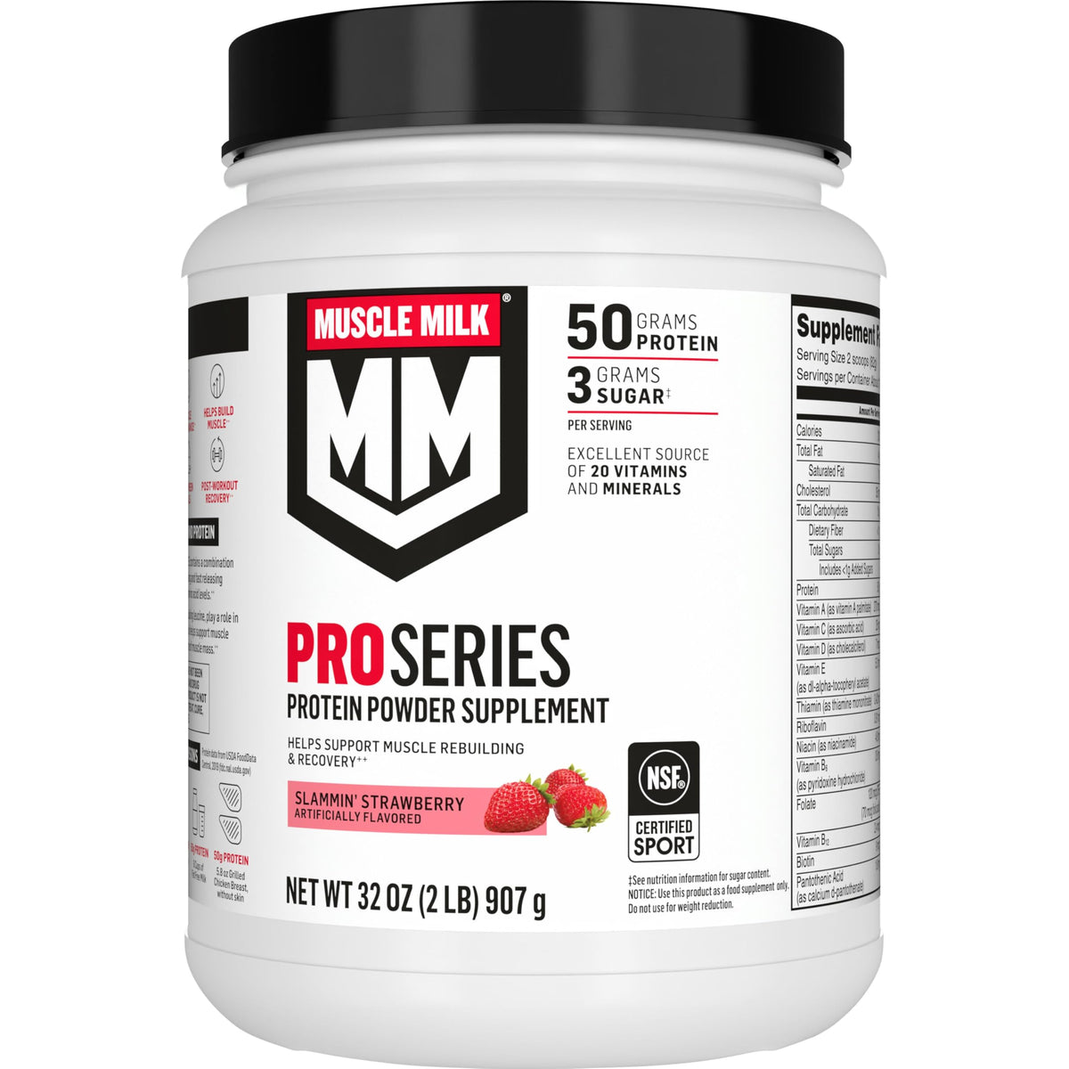 Muscle Milk Pro Series Slammin' Strawberry tub showing 11 servings on the label for post-workout fueling