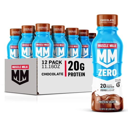 Muscle Milk Zero Chocolate bottle front, on-the-go protein option for workouts.