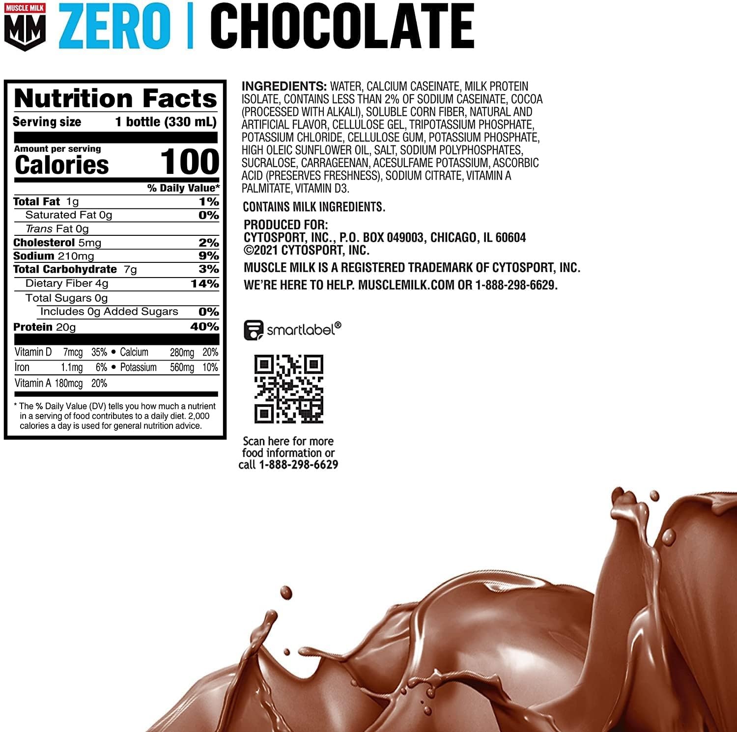 Muscle Milk Zero Chocolate bottle pour, ready-to-drink post-workout shake.
