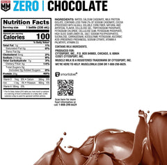 Muscle Milk Zero Chocolate bottle pour, ready-to-drink post-workout shake.