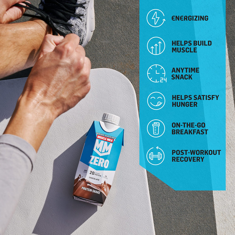 Nutrition panel on Muscle Milk Zero Vanilla Creme highlighting key benefits