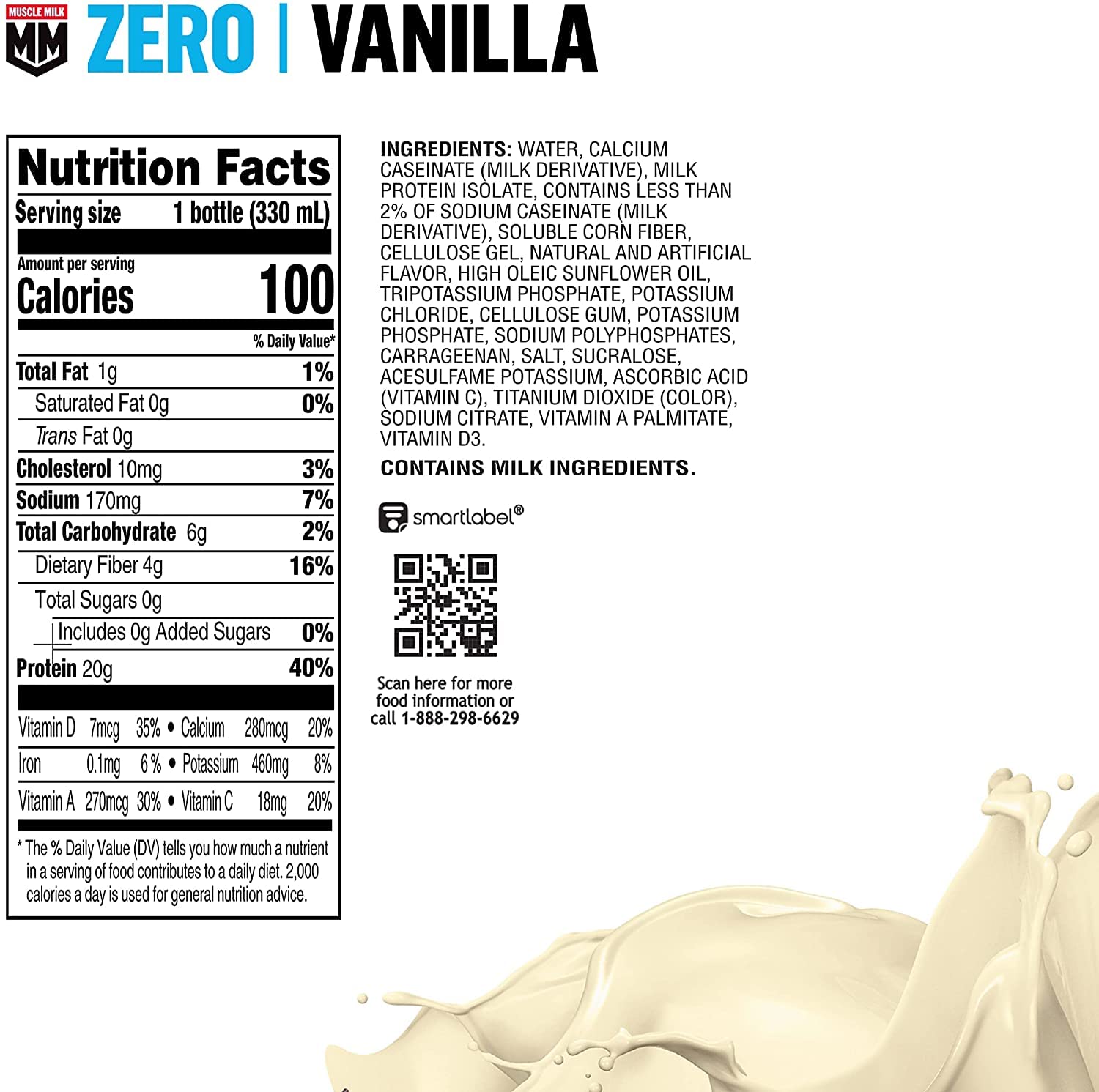Close-up of Muscle Milk Zero Vanilla Creme label highlighting protein