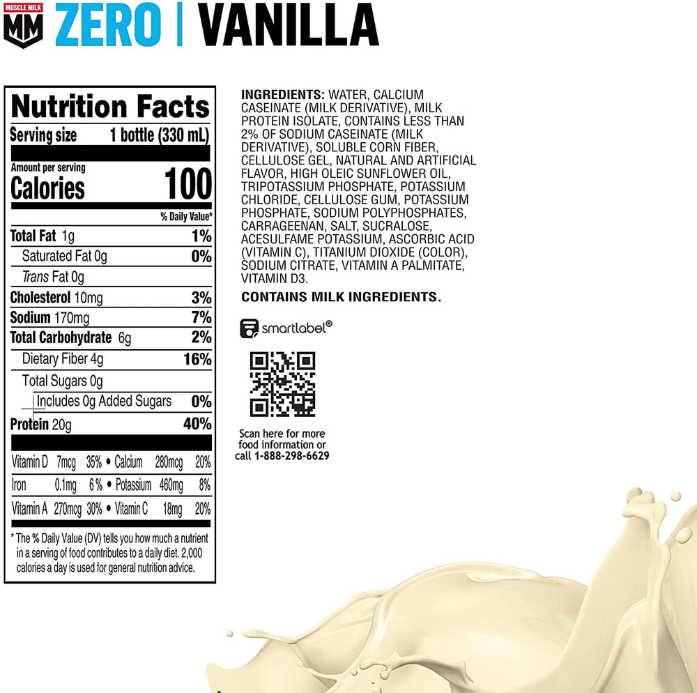 Close-up of Muscle Milk Zero Vanilla Creme label highlighting protein
