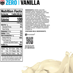 Close-up of Muscle Milk Zero Vanilla Creme label highlighting protein