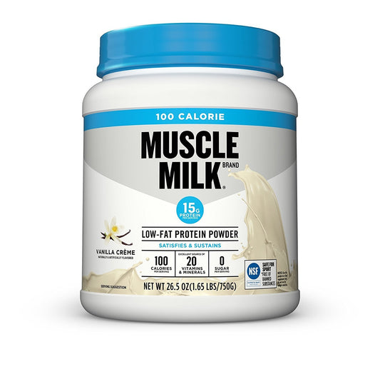 Muscle Milk Zero vanilla powder tub for convenient protein on the go.