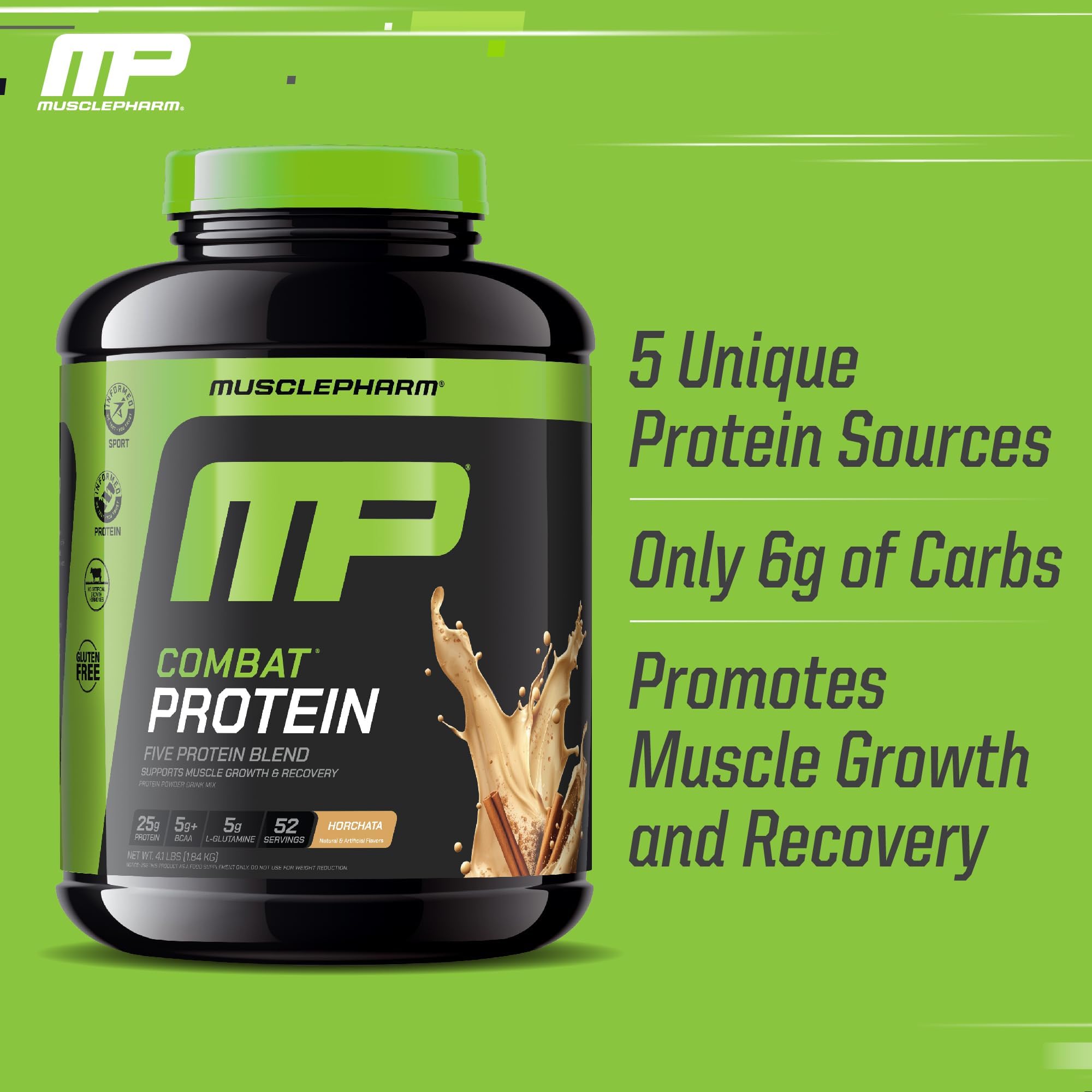 MusclePharm Combat Horchata nutrition panel highlights gluten free formula