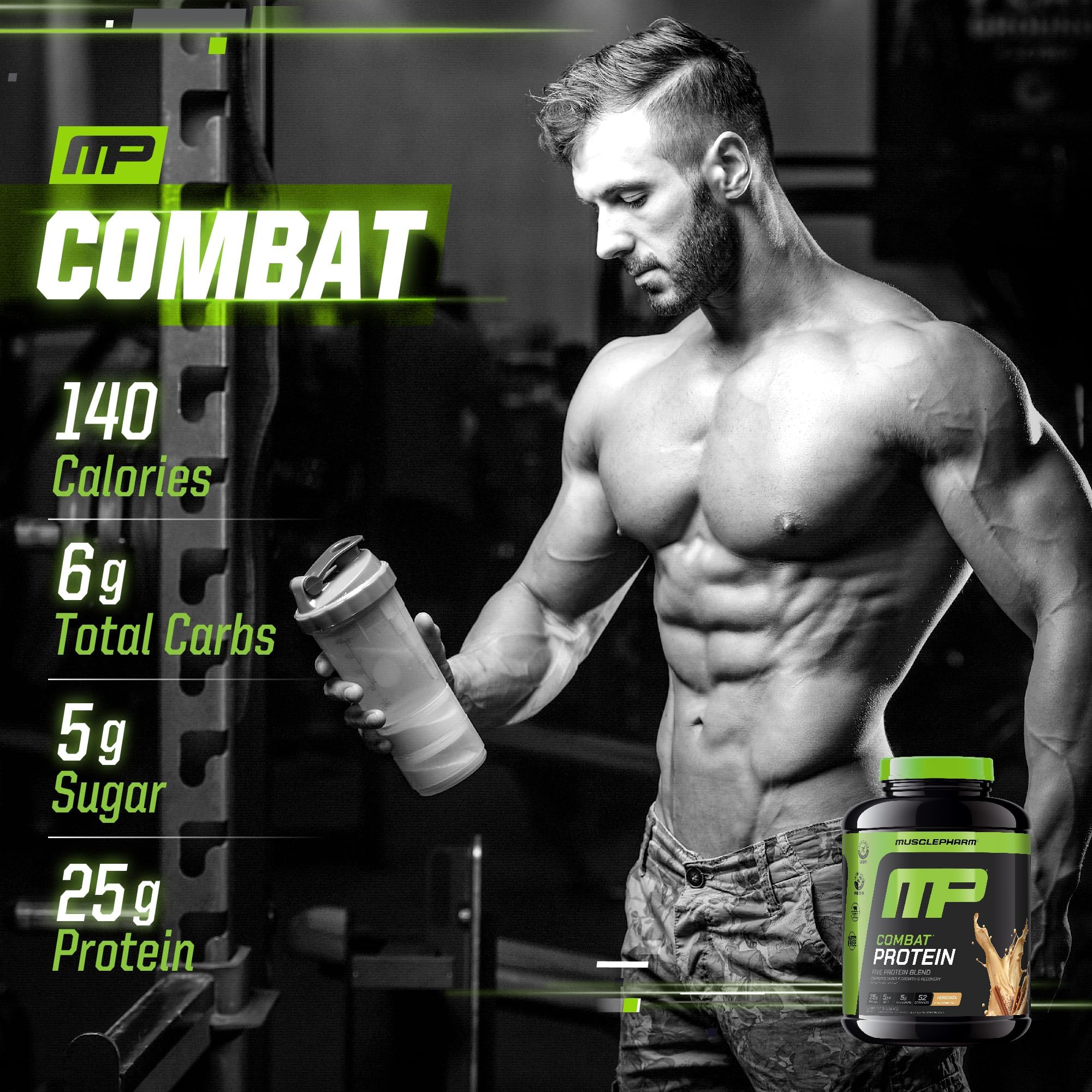 MusclePharm Combat Horchata tub angle showcases varied protein sources