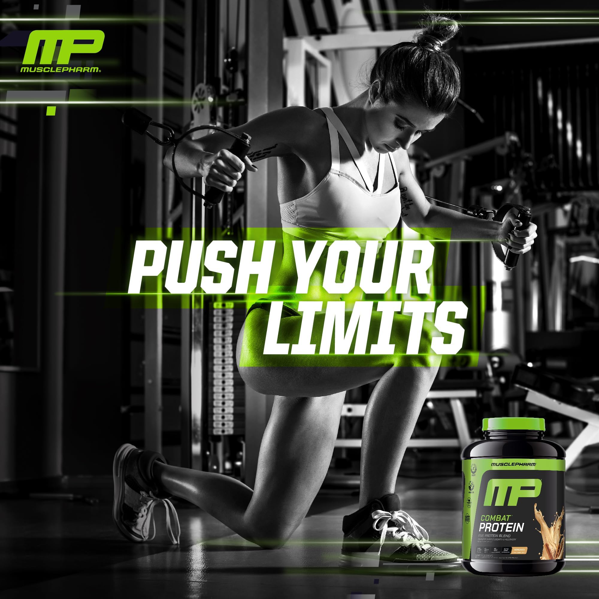MusclePharm Combat Horchata tub detail emphasizes whey and egg proteins